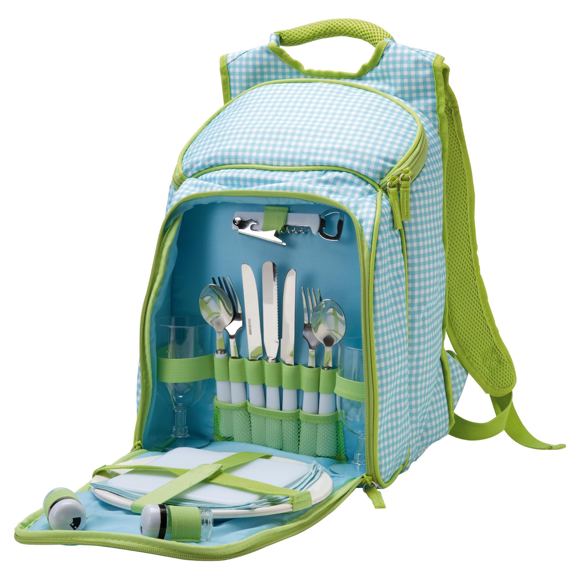 Navigate Vintage 2 Person back pack picnic set, Blue gingham