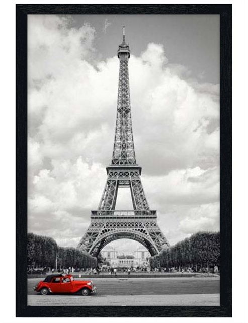 Image of Black Wooden Framed Red Car In Front Of The Eiffel Tower Poster