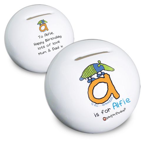 Image of Personalised Bang On The Door Animal Alphabet Boys Money Box