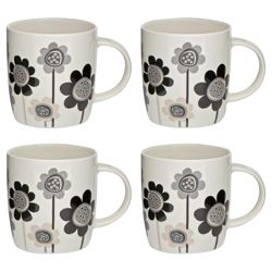 Tesco Funky Floral Set of 4 Mugs, Black