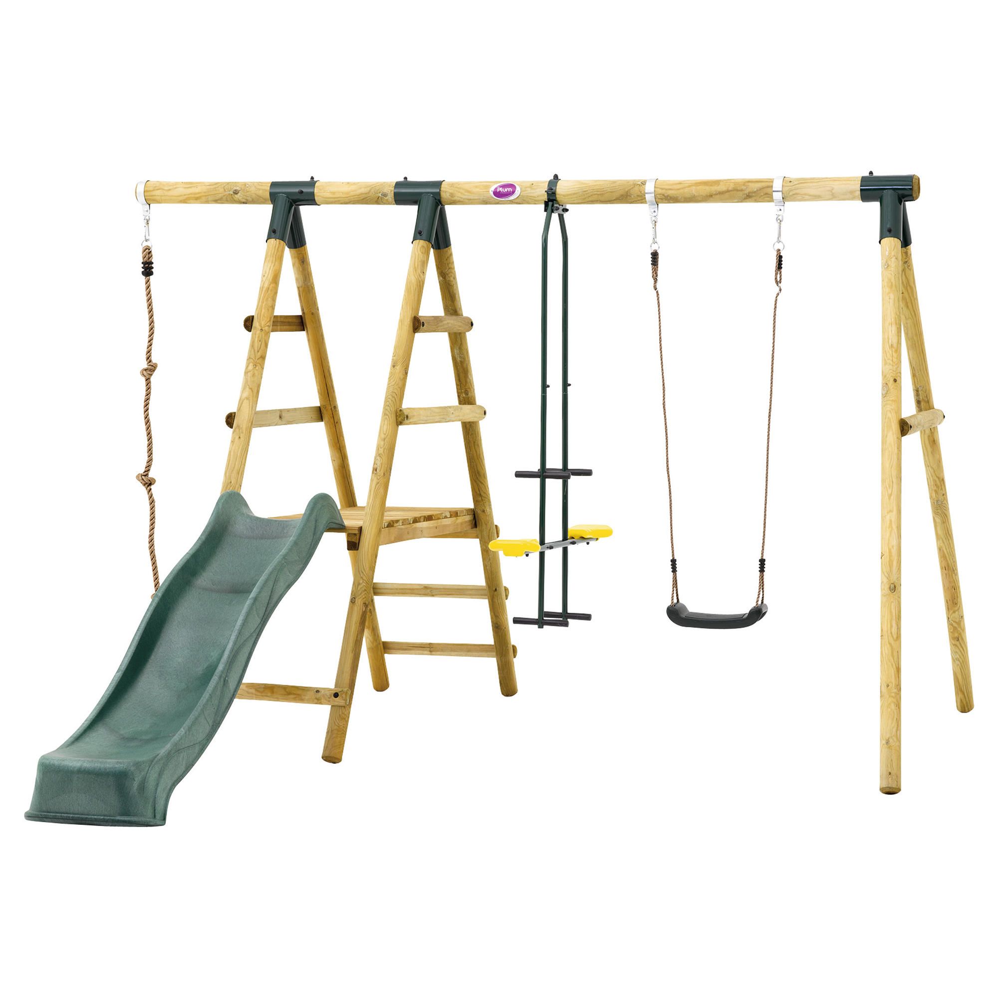 Plum Meerkat Wooden Garden Swing Set with Swing, 2 Seat Glider, Climbing Rope and Slide