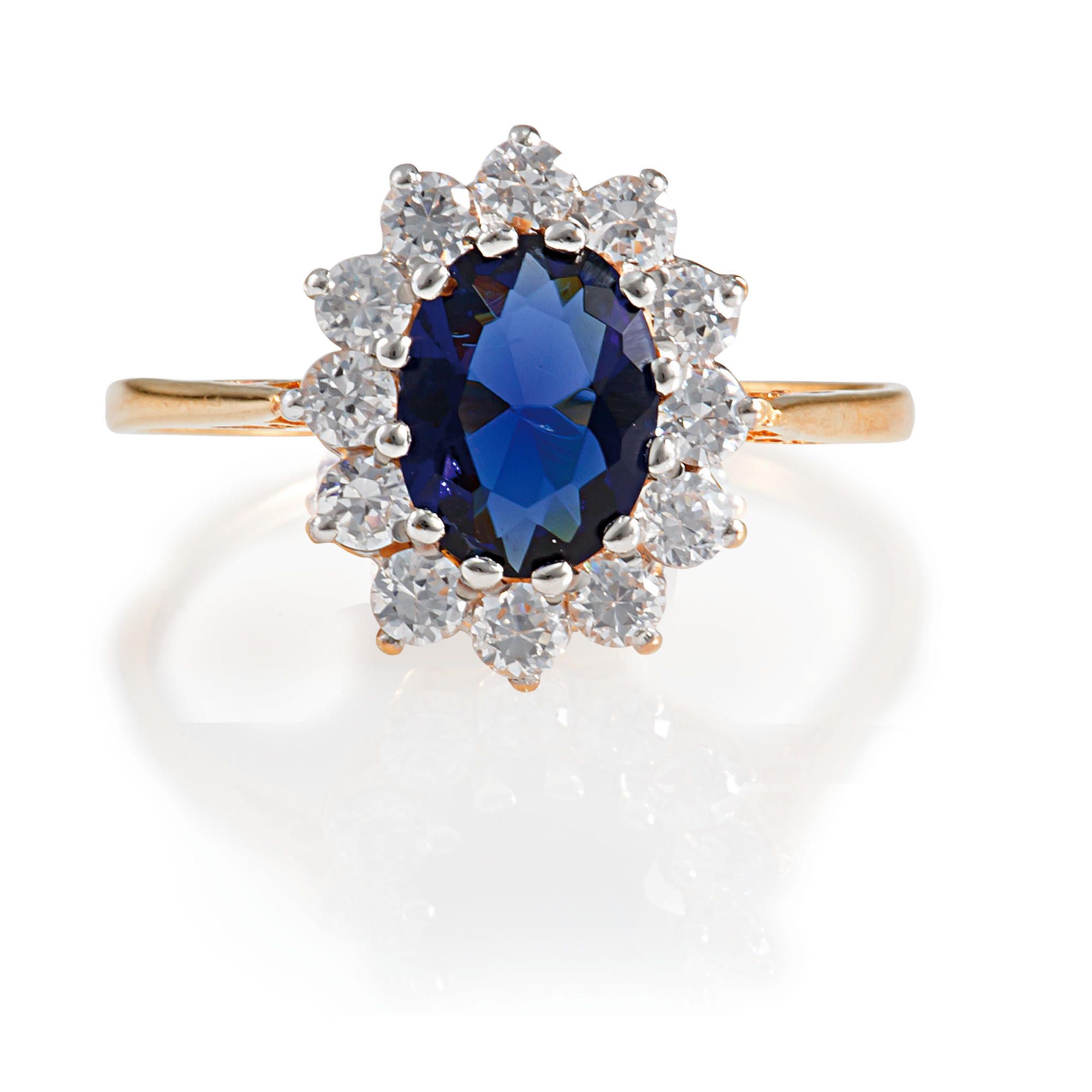 Gold Plated Silver Synthetic Sapphire & CZ Ring, J