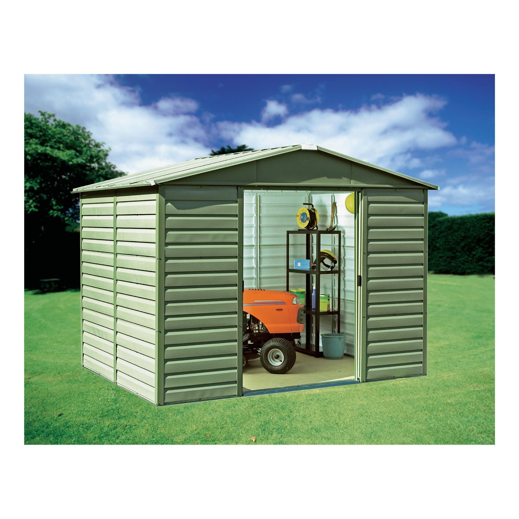 This Yardmaster 8x6 shiplap metal shed features a floor support frame