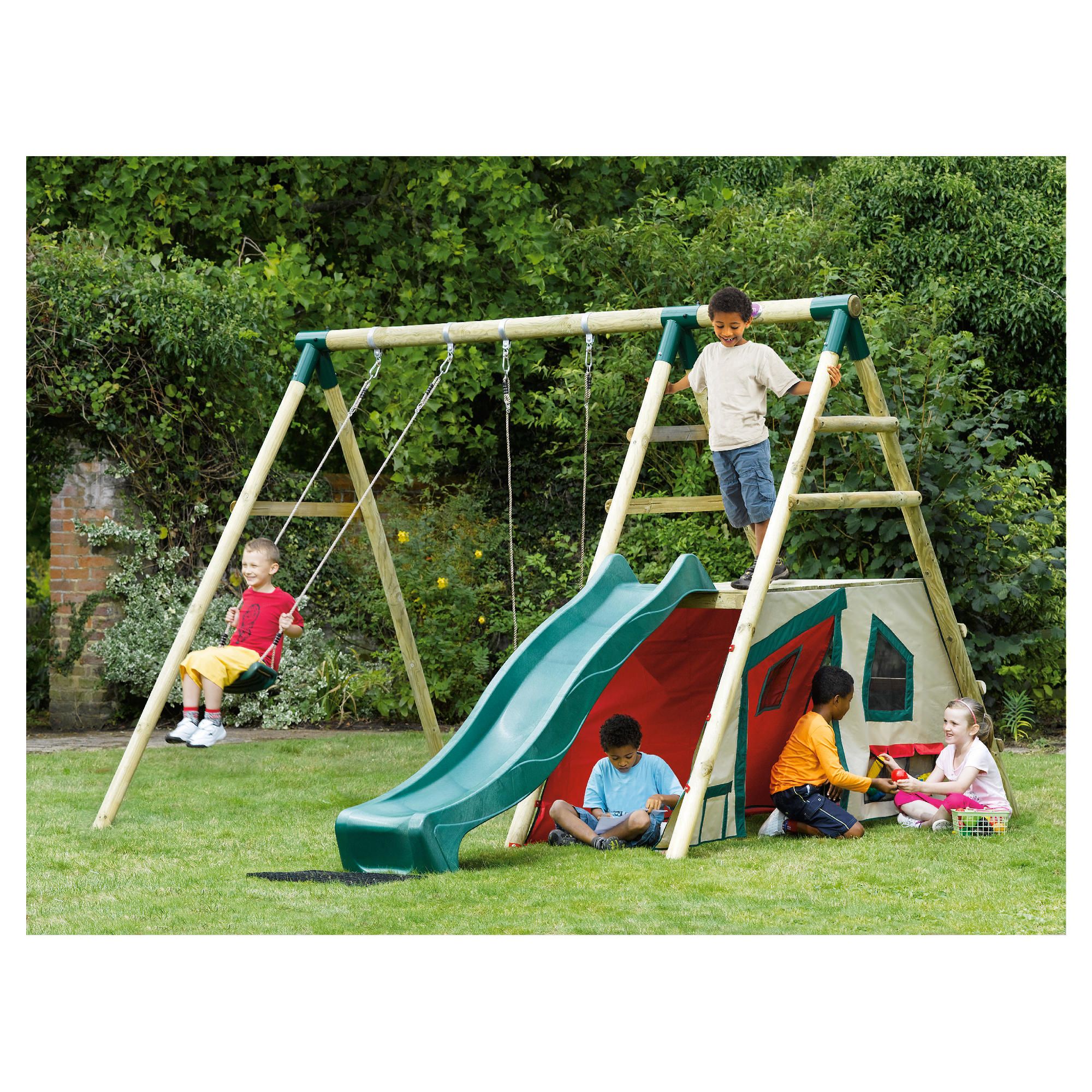 Plum Chacma Wooden Garden Swing Set with Double Swing, Slide and Play Den Plum Chacma Wooden Garden Swing Set with Double Swing, Slide and Play Den