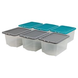 30L clearview box with lid, 6 pack teal & grey
