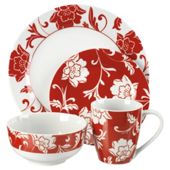 Tesco Floral 16 Piece, 4 Person Dinner Set - Red