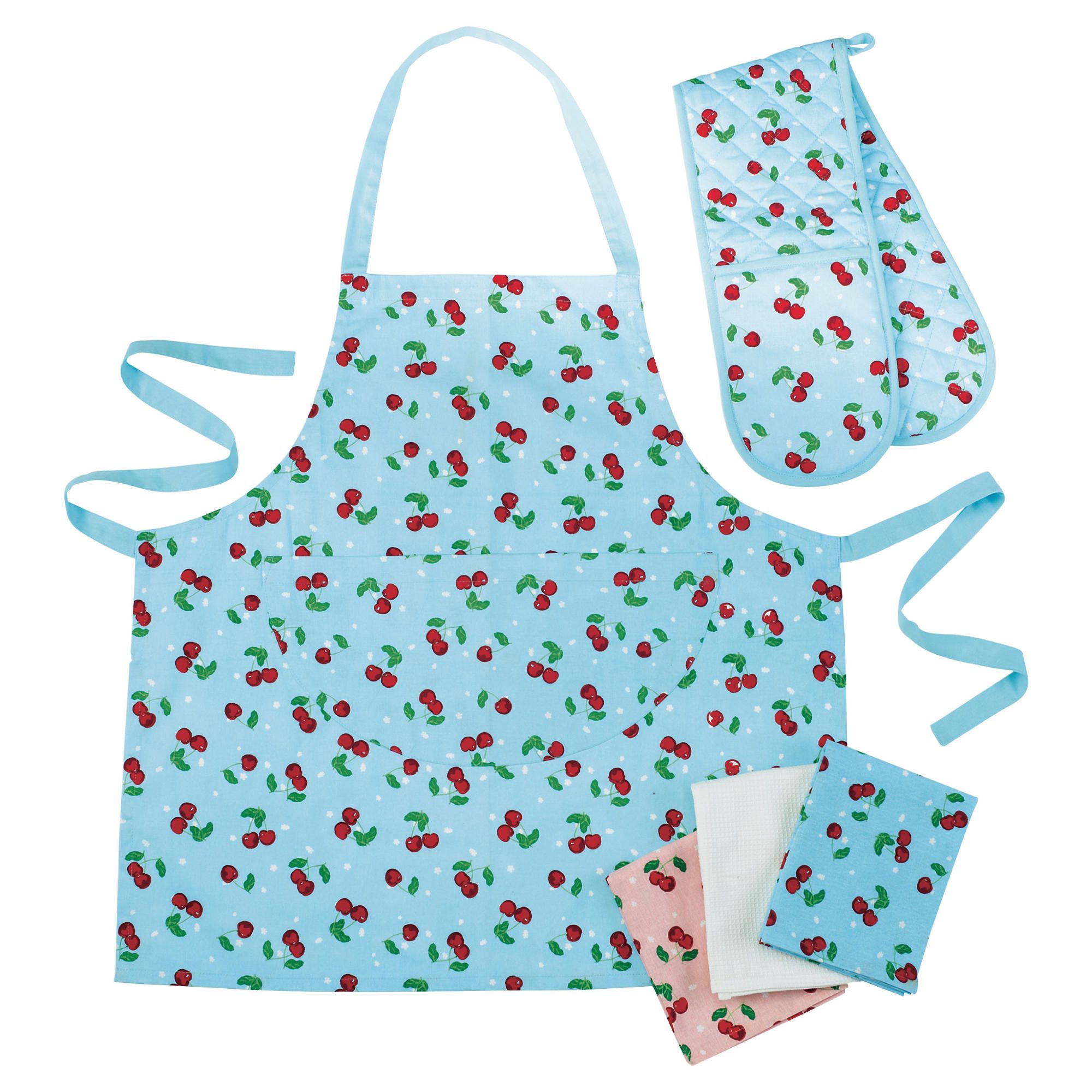 Tesco Cherry Double Oven Glove, Apron & Tea Towels 3 pack