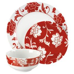 Tesco Floral 12 Piece, 4 Person Dinner Set - Red
