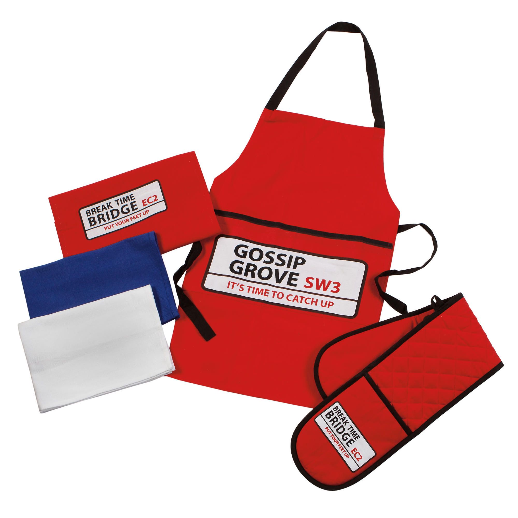 Tesco Street Signs Double Oven Glove, Apron & 3 pack Tea Towels