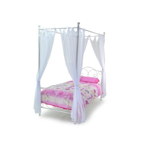 Image of White & Gold Metal Four Poster Including Drapes - Single 3ft