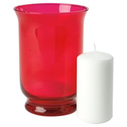 Tesco mini glass hurricane with candle and sand, red