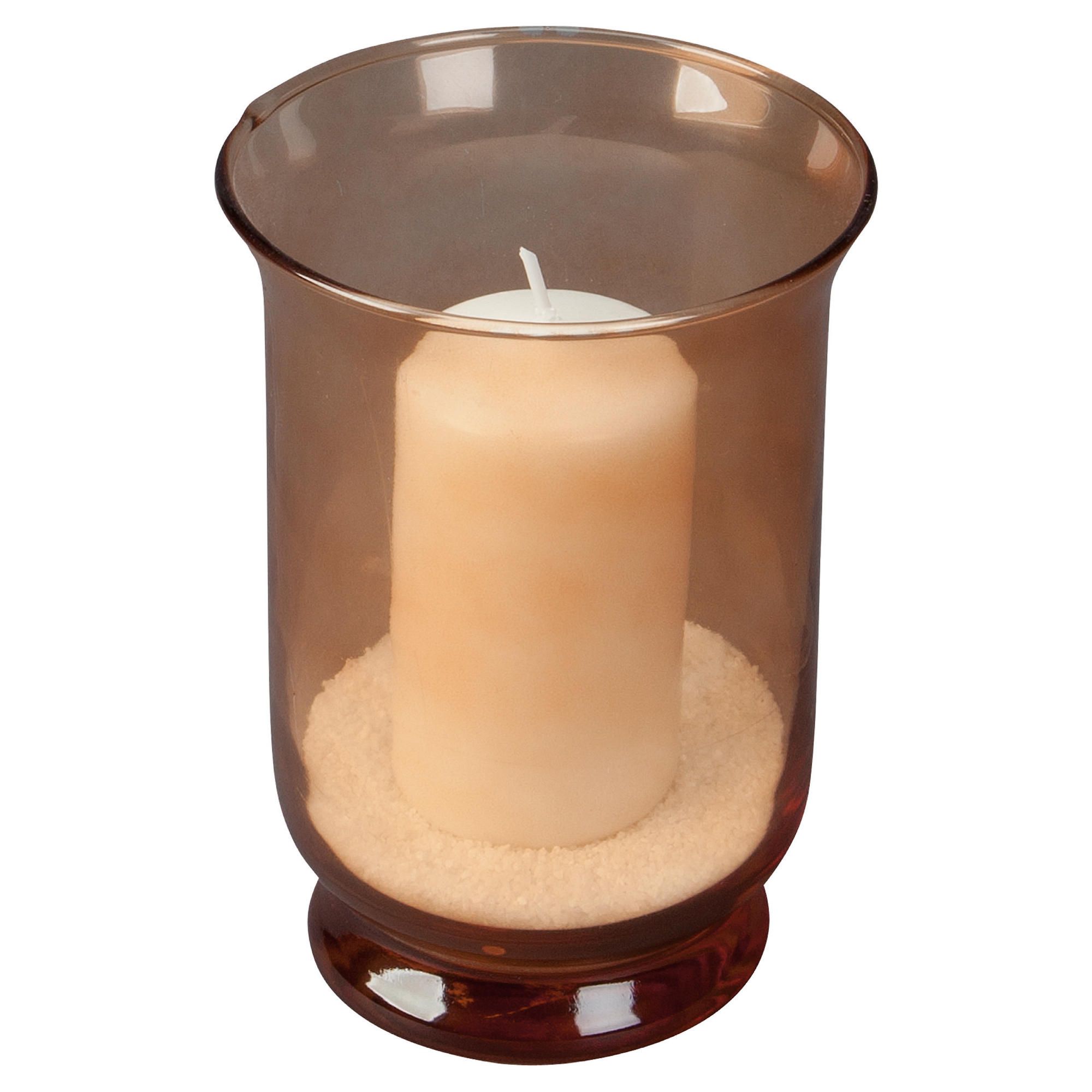 Tesco mini glass hurricane with candle and sand, bronze