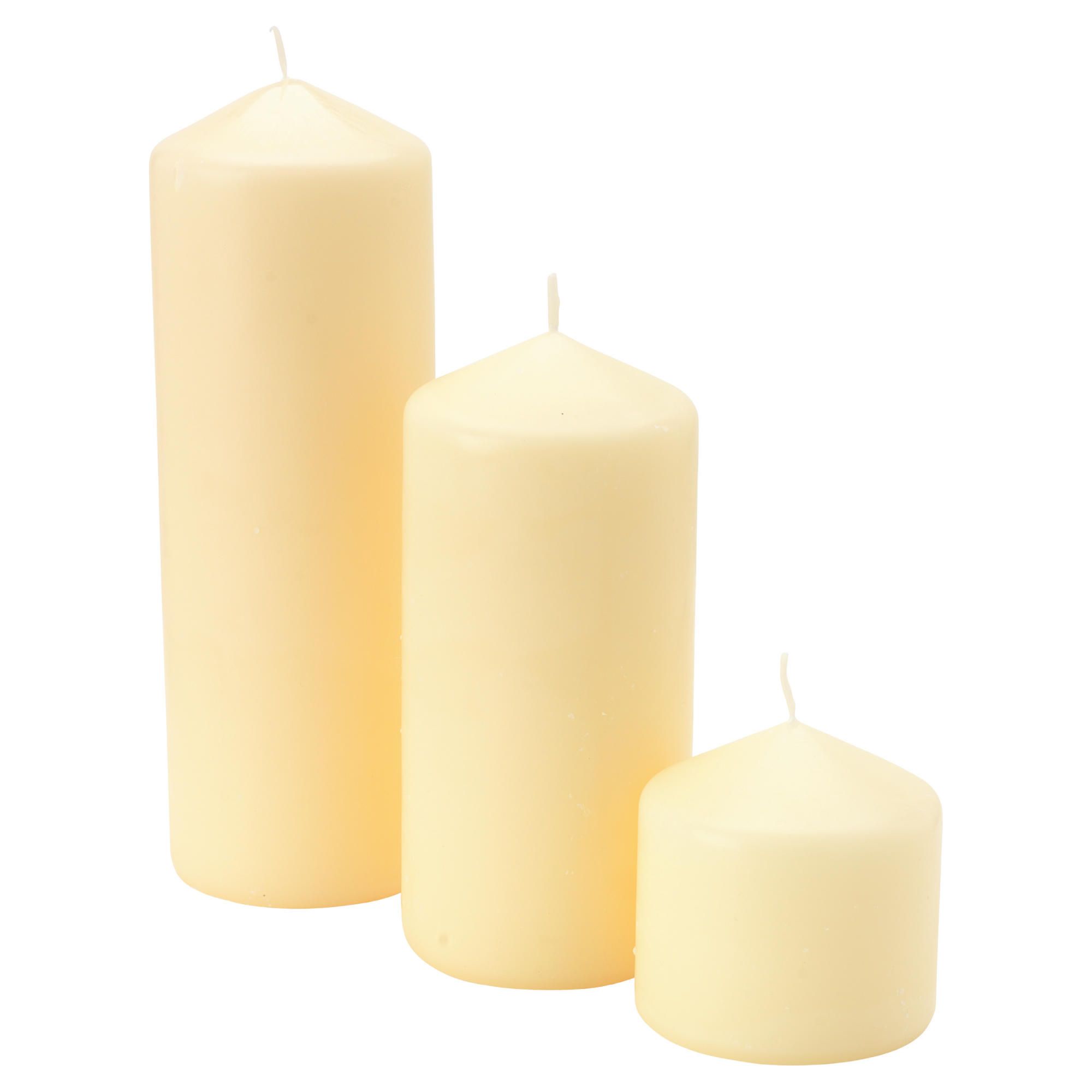 Tesco cream unfragranced pillar candles, multi-size 3 pack