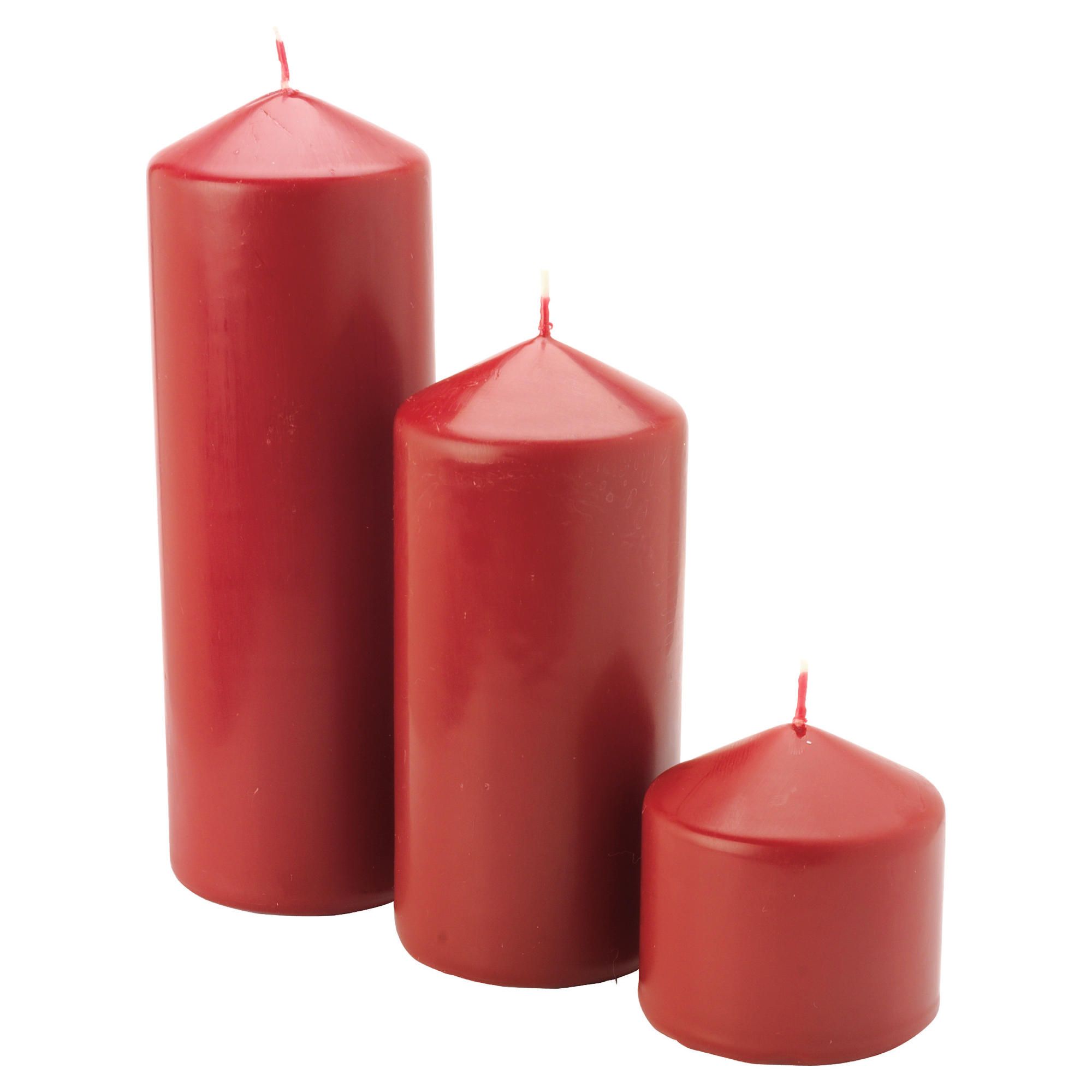 Tesco red unfragranced pillar candles, multi-size 3 pack