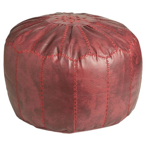 Image of Kaikoo Moroccan Faux Leather Pouffe With Embroidery, Red