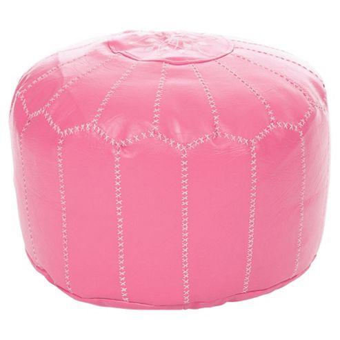 Image of Kaikoo Moroccan Faux Leather Pouffe With Embroidery, Pink