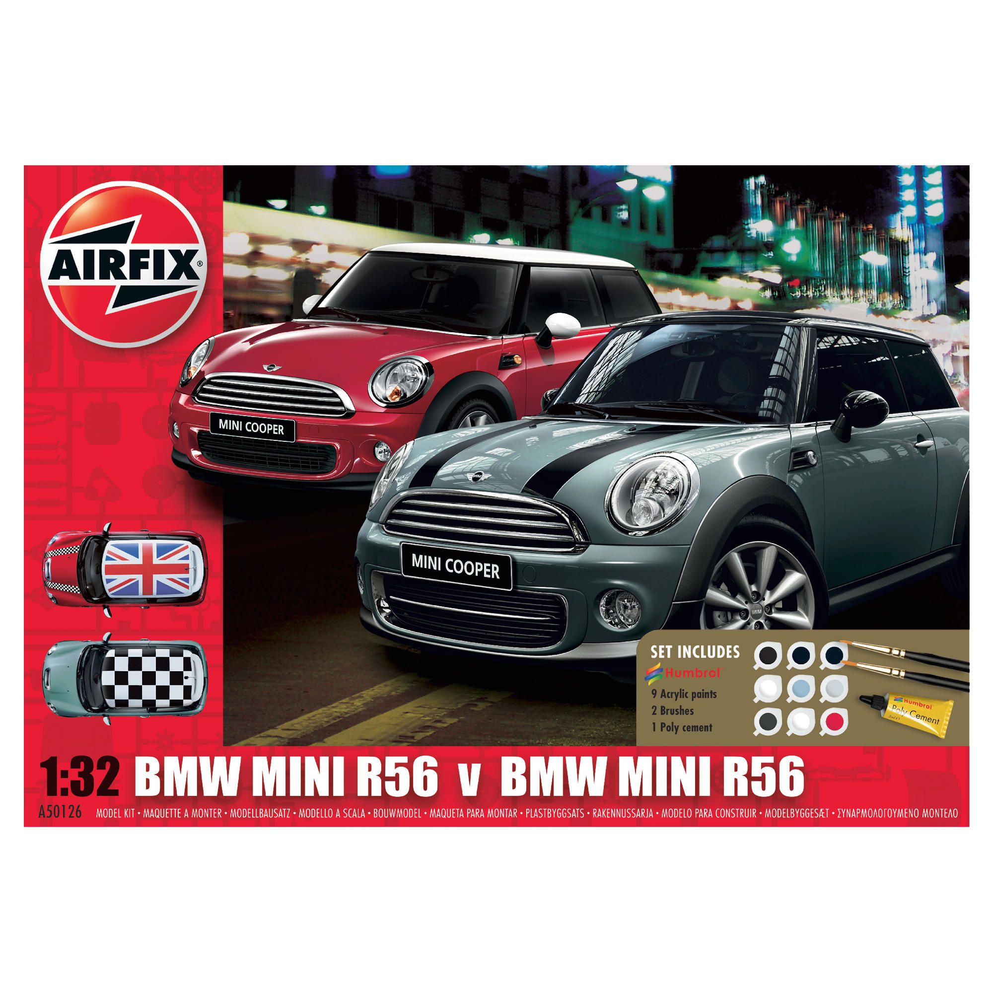 Airfix A50126 Bmw Mini 1:32 Scale Racing Cars Twin Pack Gift Set Including Paint Glue & Brushes
