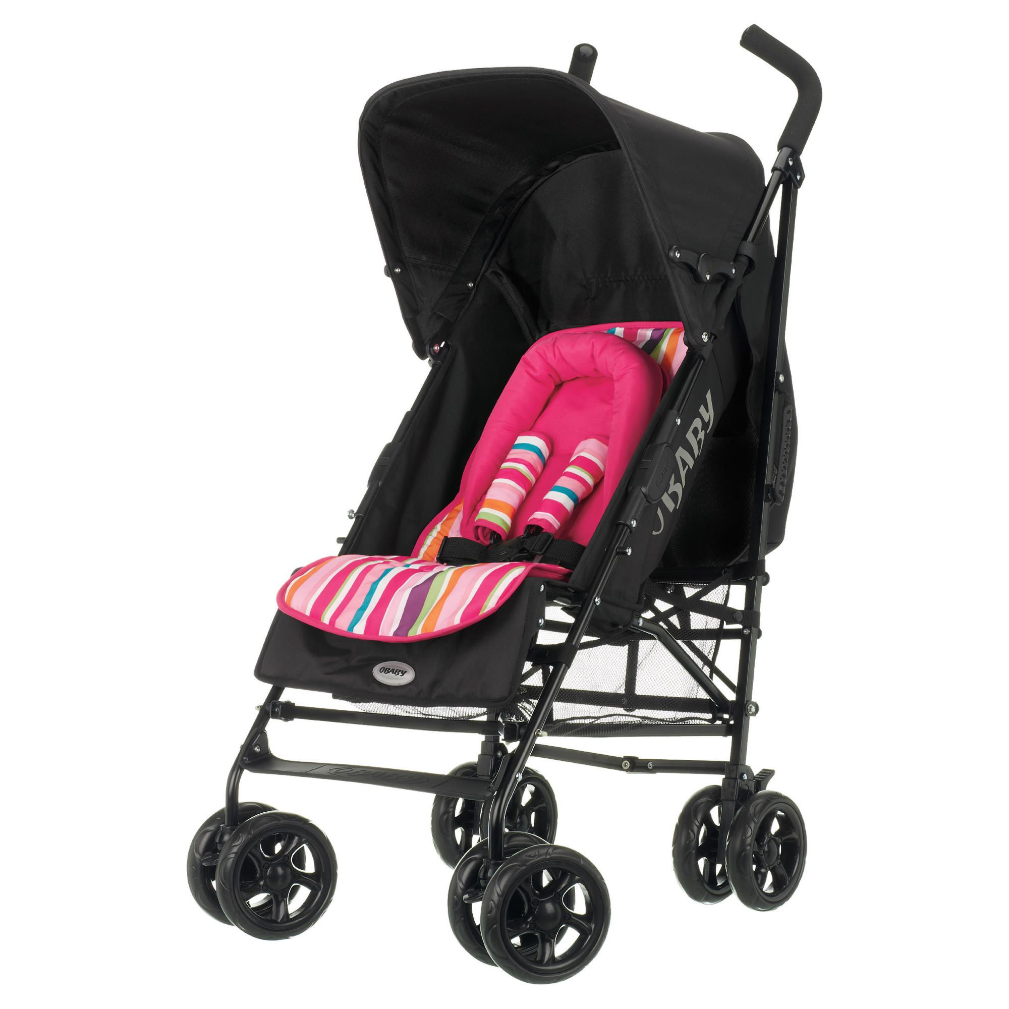 Obaby Atlas V2 Black Pushchair With Pink Stripe Liner & Footmuff