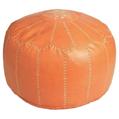 Image of Kaikoo Moroccan Faux Leather Pouffe With Embroidery, Rust