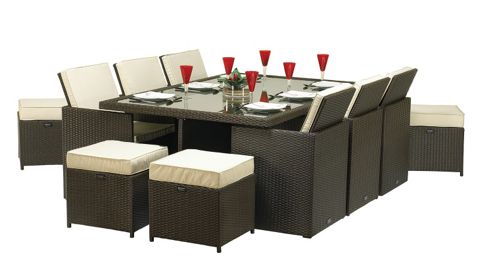 Image of Cannes Mocha Brown 10 Seater Cube Set - 195x125cm Table, Parasol Hole,6 Chairs,4 Footstool Incl Cush