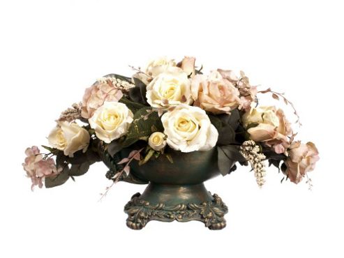 Image of Artificial 35cm Pale Pink Rose, White Rose And Mixed Foliage Table Display In A Teal And Gold Ceramic Vase