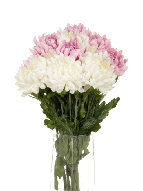 Image of Artificial 55cm Single Stem Double Headed Chrysanthemums X 12 (6 X White And 6 X Pink)