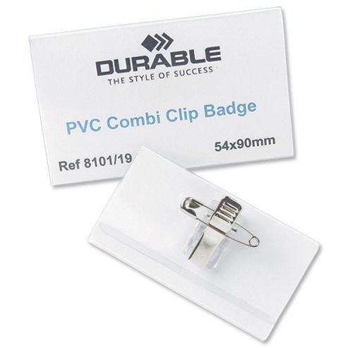 Image of Durable Name Badges Combi-clip For Pin Or Clip To Clothing 54x90mm Ref 8101-19 [pack 50]