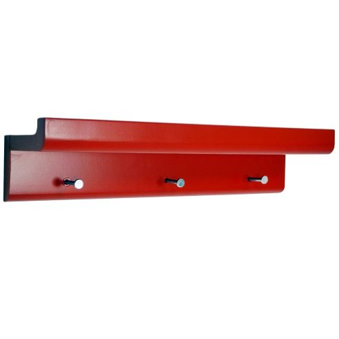 Image of Oakley - Wall Mounted Organiser Shelf With 3 Key / Coat Hooks - Red