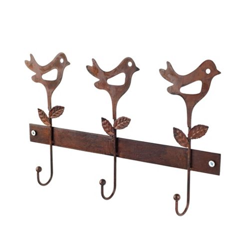 Image of Triple Rusty Metal Coat Hook With Stylised Bird Design