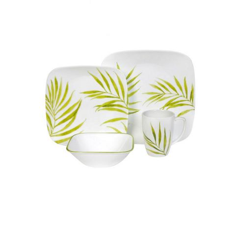 Image of Corelle Square Bamboo Leaf 16 Piece Vitrelle Glass Dinnerware Set