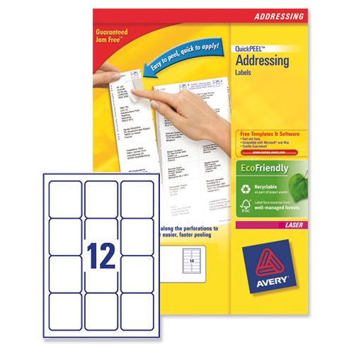 Image of Avery Addressing Labels Laser Jam-free 12 Per Sheet 63.5x72mm White Ref L7164-100 [1200 Labels]