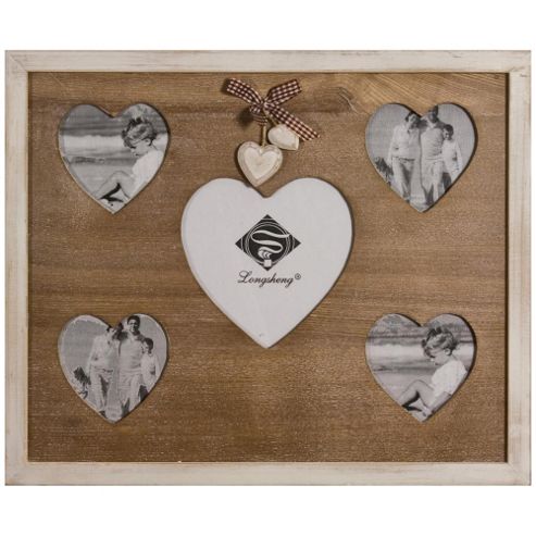 Image of Hearts - Wall Mounted 5 Aperture Photos Frame - Brown / Cream
