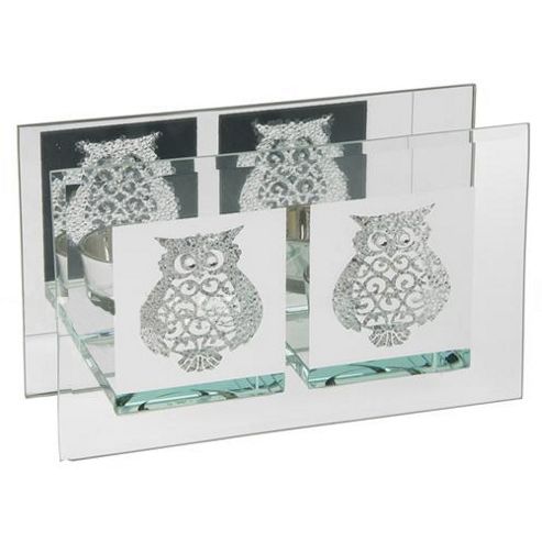 Image of Crystal - Crystal Owl Double Glass Tea Light Holder - Clear / Silver