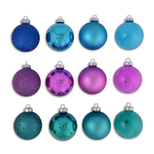 Image of Set Of Twelve Blue, Purple & Green Coloured Christmas Tree Baubles