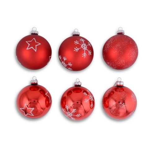 Image of Set Of Six Red Glass Bauble Decorations With Ice Glitter Pattern Finish