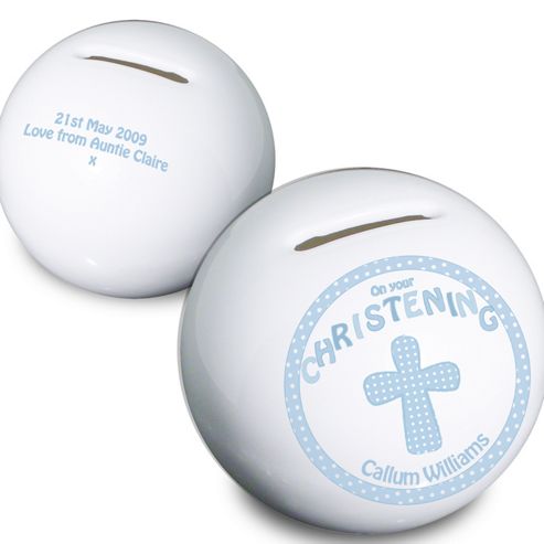 Image of Personalised Cross Blue Christening Money Box