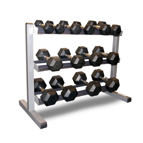 Image of Body-solid 3 Tier Rack & Bodypower 2,4,6,8,10,12.5 & 15kg Rubber Hex Dumbbell Set
