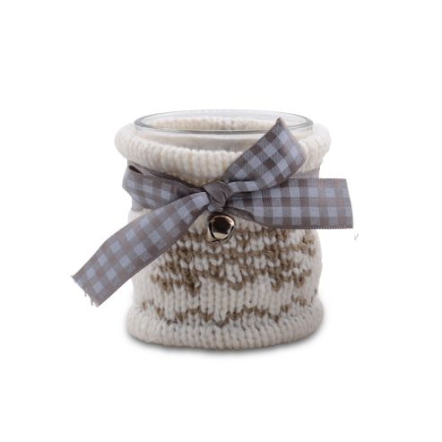 Image of Small Glass Christmas Tealight Holder With Cream Coloured Knitted Winter Cosy