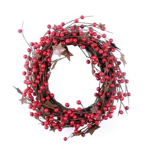 Image of Artificial Red Berry Wreath With Rustic Metal Star Detail