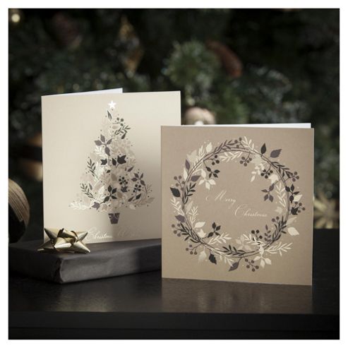 Image of Tesco Gold Leaf Tree And Wreath Christmas Cards, 10 Pack