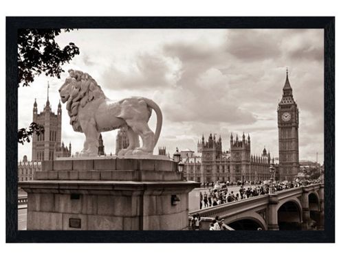 Image of Iconic London Sights Black Wooden Framed Lion By Big Ben Poster