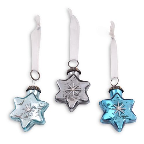 Image of Set Of Three Star Shaped Blue & Grey Glass Christmas Baubles