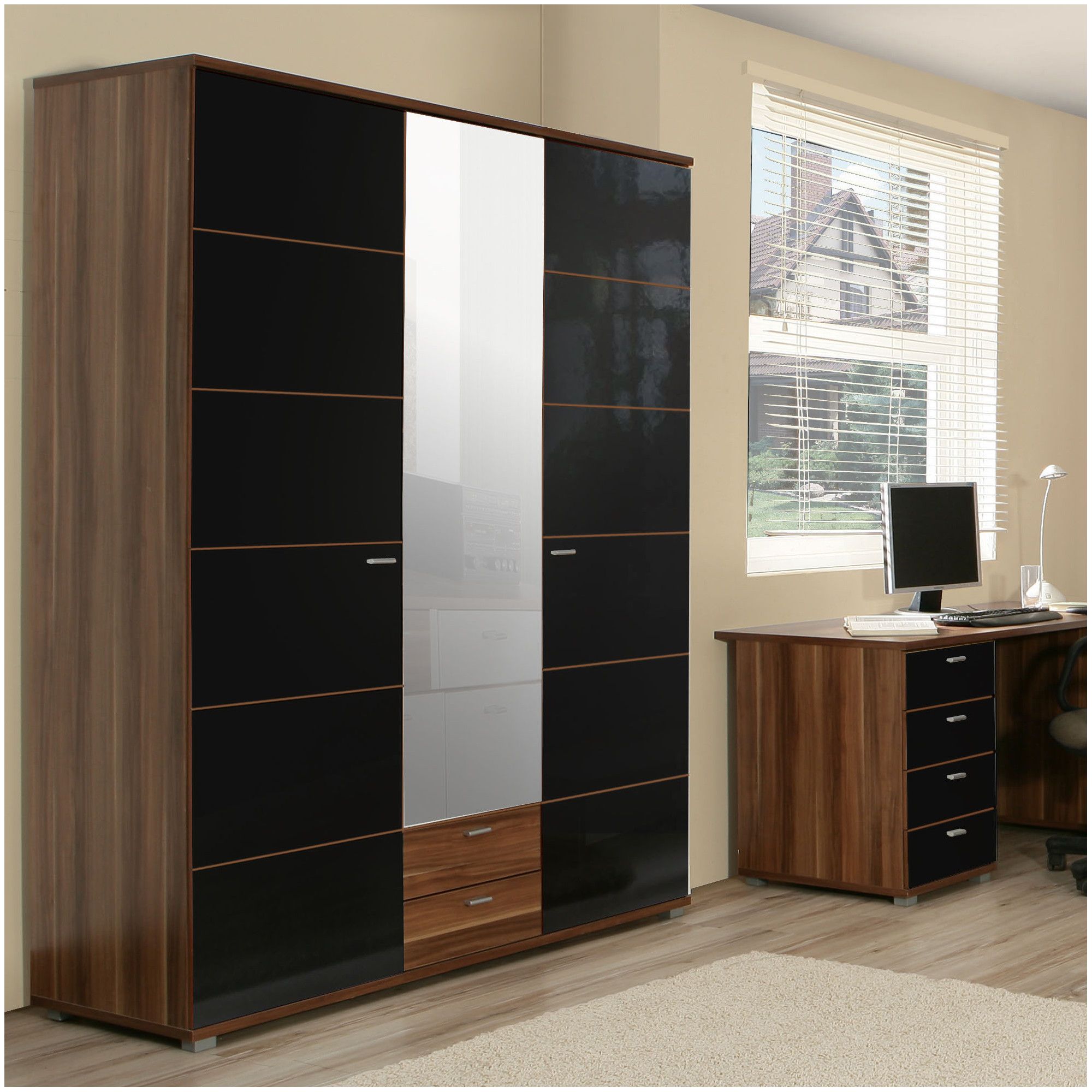 Ideal Furniture Anemone Triple Wardrobe with Mirror - Walnut with Black Gloss at Tesco Direct