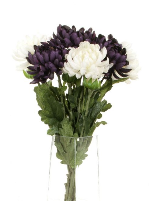 Image of Artificial 55cm Single Stem Double Headed Chrysanthemums X 6 (3 X White And 3 X Purple)
