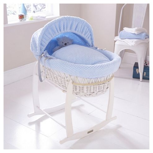 Image of Clair De Lune White Wicker Moses Basket (honeycomb Blue)