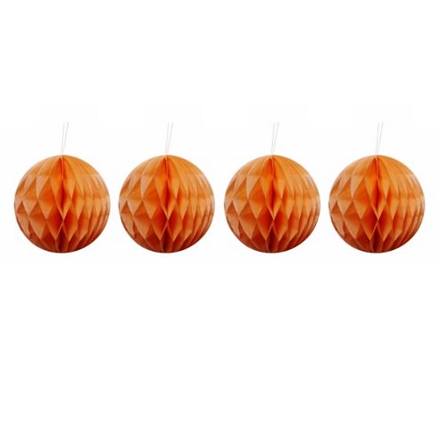 Image of Pack Of Four Orange 10cm Honeycomb Retro Pom Pom Decorations