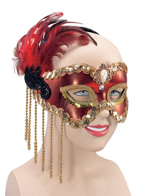 Image of Red Satin Mask + Feathers