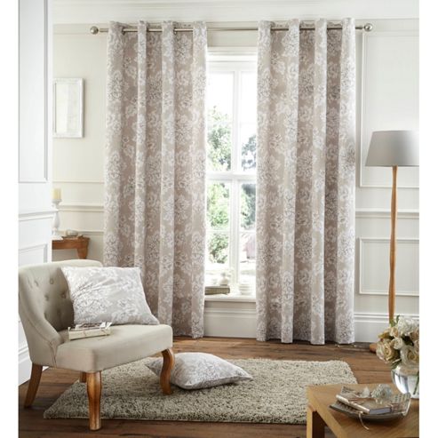 Image of Catherine Lansfield Home Cotton Rich Toile Damask Natural Curtains 66x90