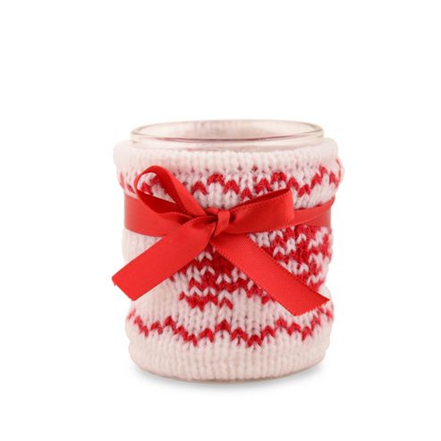 Image of White Knitted Christmas Pattern Covered Glass Tealight Holder