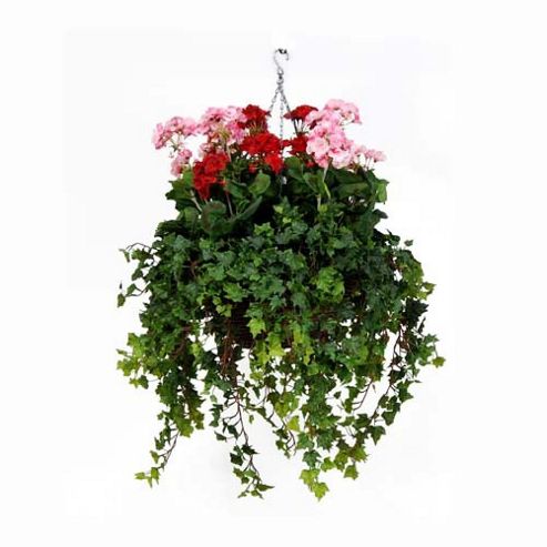 Image of Artificial Red Geranium, Pink Geranium And Mixed Ivy Display In A 14" Round Willow Hanging Basket